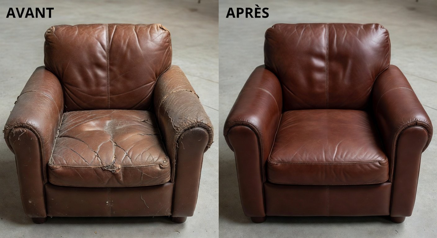 Rénovation complète d'un cuir abîmé avant et après